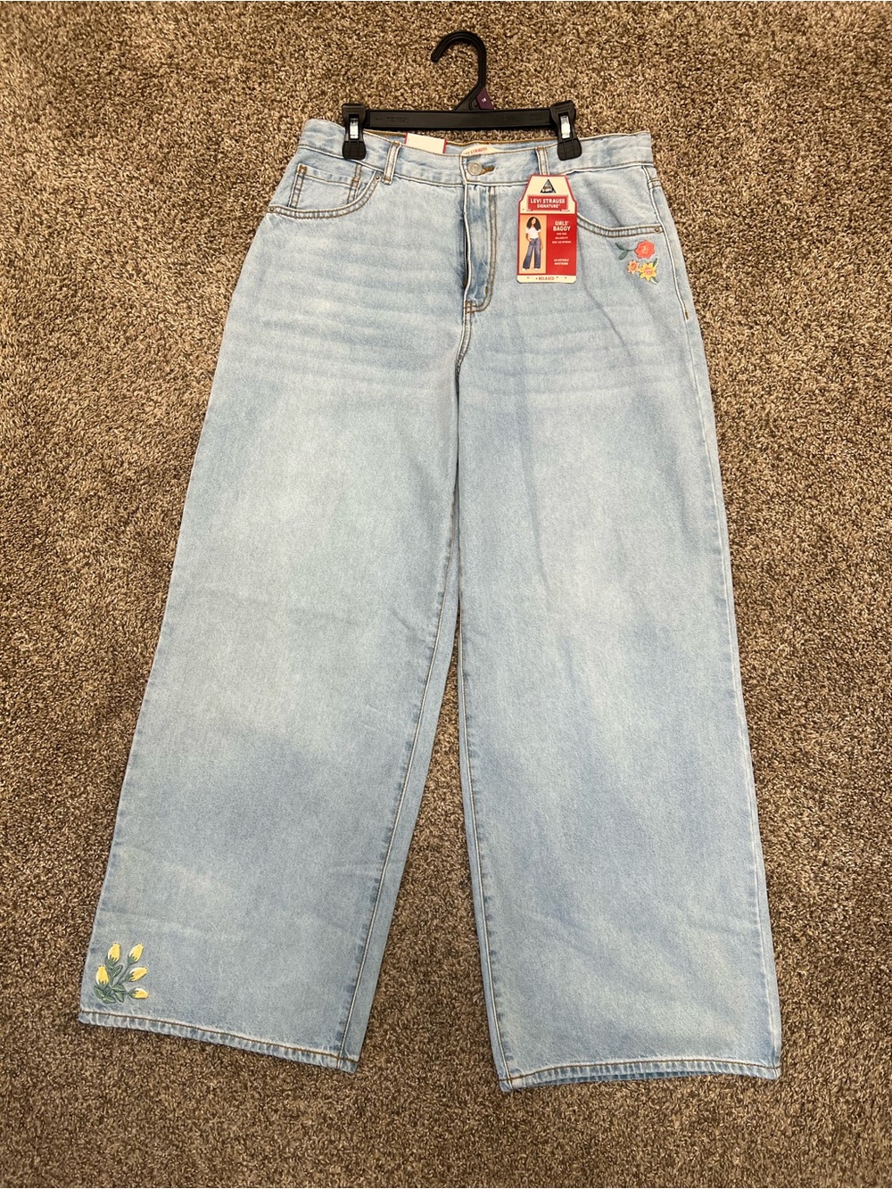 Levi Strauss Signature Girls Baggy Wide Leg Jeans Embroidered Flowers